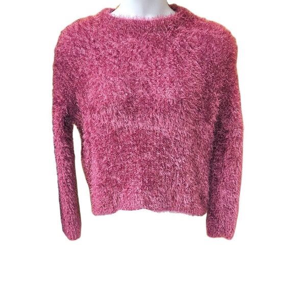 MISS B Women's Magenta Fuzzy Shimmer Long Sleeve Cropped Sweater SIZE S/M - Picture 2 of 11